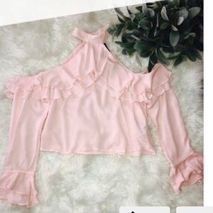 Forever 21 Pink Ruffle Cold Shoulder Crop Top